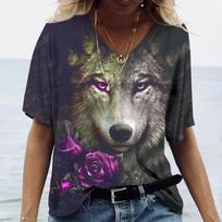 Women's  3D Wolf Flower Print T-shirt Casual Loose Harajuku Women's Top Short Sleeve T-Shirts 1XL gray