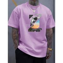 Vibrant Tropical Print Crew Neck Tee - Soft Slight Stretch  Fabric, Rib-Knit, Regular Fit, Street Style, Novelty Top for Men S armijos žalia spalva