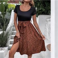 Women's Summer Color Blocked High Waisted Round Neck Polka Dot Short Sleeve Dress L kava
