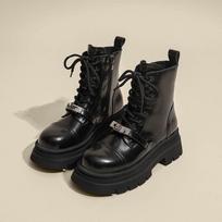 Treasure Of The Town Store! Comfortable To Fry~! Ins Korea Academy Round Head Thick-Soled Lace-Up Martin Boots Soft Leather Women'S Short Boots 35 juoda
