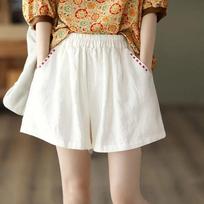 Women's Retro Embroidered Cotton-Linen Wide-Leg Shorts L (100-115 lbs) balta