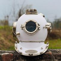 White Marine Diving  Deep Sea Scuba Diver  with Wooden Base Nautical Boston Diving Maritime Decor  Gift white