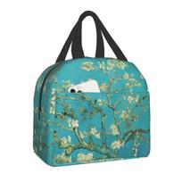Almond Blossoms Lunch Box Portable Thermal Cooler Food Insulated Oil Painting Lunch Bag for Women Kids 22x20x13CM smėlis