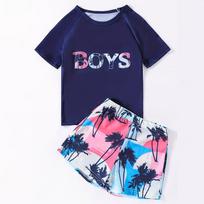 Boys' Hawaiian Quick-Dry Beach Set: Short-Sleeved Top & Coconut Print Swim Trunks 120