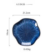 8.5 Ceramic Raku Dinner Plate-Japanese Lotus Leaf Design,Microwave Safe Salad Bowl,Unique Handcrafted Tableware for Home Kitchen mėlyna