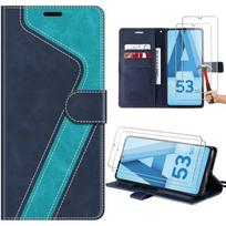 Case + 2 Tempered Glasses for Samsung Galaxy A53 5G, PU Leather Folio Protection with Built-in Stand, Fashionable  V  Design, Blue mėlyna