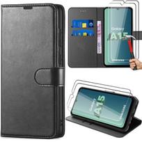 Protective case for Samsung Galaxy A15 - Black PU Leather - Card slots - 2 Tempered Glasses juoda
