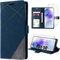 Protective Case - BOOLING - for Samsung Galaxy A55 5G - Retro Leather Effect - Navy Blue - 2 Tempered Glass mėlyna