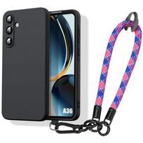 Dėklas Samsung Galaxy A36 5G - Juoda silikoninė apsauga su nuimamu tricoloriniu riešo dirželiu juoda