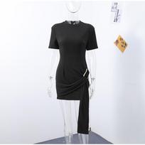 Elegant Metal Buckle Ribbon Women Dress Short Sleeve O-Neck Black Women's Dresses S juoda