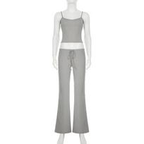 Casual Flare Pants Set for Women Solid Color Crop Tank Top Low Rise Lacing Pants Two Piece Outfit Loungewear Streetwear S pilka spalva