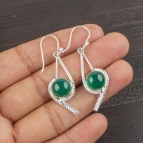 Green Onyx Cab Gemstone Earrings, 925 Solid Sterling Silver Jewelry, Handmade Artisans Earrings For Wedding Gift 2.00 Inches žalia