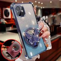 Veidrodinė drugelio sulankstoma stovas apyrankė telefono dėklas Samsung A56 A36 A26 A16 A06 S25 FE S24 Ultra S23 FE Plus Atsparus smūgiams dangtelis Galaxy S25 Plus mėlyna