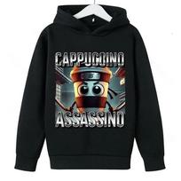 Kids Italian Brainrot Cappuccino Assassino Fun Emoji Printed Pullover Hoodie Boys Girls Outdoor Casual Warm Hooded Sweatshirt 110 gray