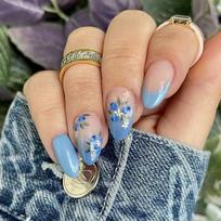 24Pcs Almond Short Stick on Nail Blue Flower Nail Press On Nail With French Tip Designs Nail Accesories For Women 1