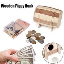 Wooden Pigg y Bank Safe Money Box Savings Wine Barrel Wood Carving Handmade chaki
