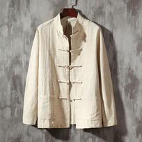 Mens Beige Linen Blend Mandarin Collar Frog Button Long Sleeve Shirt M chaki