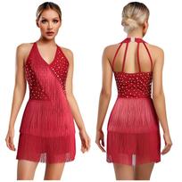 S-3XL Women Latin Tango Salsa Jazz Dance Jumpsuit Halter Neck Sleeveless Sparkly Rhinestones Multi-Layered Fringe Strappy Back Bodysuit Leotard S vyno raudonos spalvos