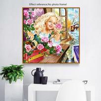 Deimantinis paveikslas Merginos portretas Deimantinis mozaikos pilnas apvalus siuvinėjimas 30x30CM beige