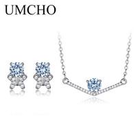 UMCHO Real 925 Sterling Sidabro papuošalai Water Drop Sky Blue Topaz Stud Auskarai Kaklo papuošalas Vestuvinė Dovana Moterims Dailūs papuošalų rinkiniai dangaus mėlyna spalva