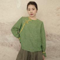 Johnature Women Chinese Style Linen Shirts Tops Flare Sleeve Solid Color Blouses Spring Vintage Loose Shirts One Size žalia
