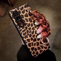 Prabangus Leopard Print Pu odinis telefono dėklas, skirtas Samsung Galaxy Z Fold 4 3 5g dangtelis su riešo dirželiu, skirtas merginai For Samsung Z Fold 4 black