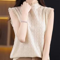 Summer Sleeveless Knitted Blouse Women Ruffled Stand Organza Spliced Women Shirt Solid Slim Embtoidery Lace Tank Tops 27218 One Size abrikosas