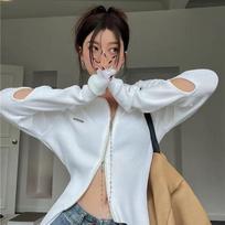 Female Hollow Out T-shirts Design Knit Tops Girls Y2K Tees Long Sleeve Zipper T-shirts Solid Cloths Fashion Lady Bar Wear XL juoda