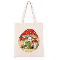 Cute Cottagecore Aesthetic Frog Kinting Mushroom Lady Shopping Bags Harajuku Fabric Brand  Cute Girls Hand Bag Custom 24*26cm smėlis