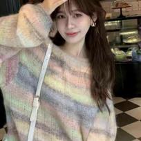 Pullover Sweater French Lazy Style Loose Mesh Sweater Autumn/Winter New Stripe Pullover Long Sleeve Sweater Pullover Women Top One Size rožinė