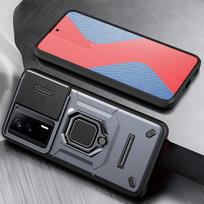 KEYSION Shockproof Armor Case for Xiaomi POCO F5 Pro Slide Camera Lens Protection Ring Stand Phone Back Cover for POCO F5 F5 Pro for POCO F5 Pro pilka spalva