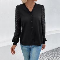 Pavasario ir rudens moteriški marškiniai V formos iškirptė Fashion Temperament Elegantiški vienspalviai juodi marškinėliai ilgomis rankovėmis XL juoda