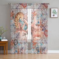Marine Vintage Wood Panel Starfish Shells Sheer Curtains For Living Room Bedroom Tulle Curtain For Kitchen Voile Blind Curtain 135W x 114H(cm) gray