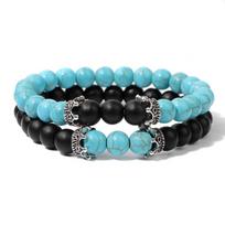 2Pcs/Set Natural Map Stone Beads Bracelet Fine Crown Charm Bracelets Balance Quartz Elastic Wrist Jewelry for Men Women 8mm