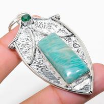 Natural Amazonite, Diopside Gemstone 925 Sterling Silver Pendant 2.88  s5U42