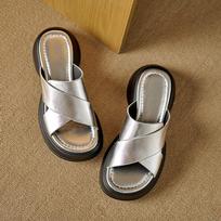 Krazing Pot Mules avikailis Peep Toe Stori aukštakulniai vasariniai batai Slip ant Flip Flops Platformos Moteriški sandalai 34 sidabras