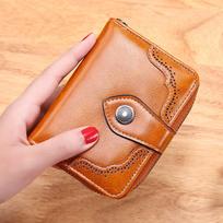 Womenwallet Vintage Oil Wax Leather Women'S European and American Women'S Short Purse Zipper Women'S Purse