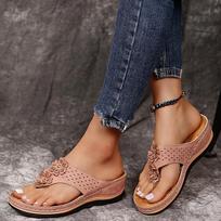 Faux Leather Flip Flops with Low Heel, Open Toe, Solid Color, Slip-on Slides for Women 43 black
