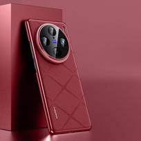 KEYSION Grid Pattern PU Leather Case for VIVO X100 Pro 5G Plating PC Camera Lens Protection Phone Back Cover for VIVO X100 Pro for VIVO X100 raudona