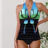 Moteriški maudymosi kostiumėliai Tankini 2 dalių maudymosi kostiumėlis Oranžinis drugelis Atostogų maudymosi kostiumėliai Su pakabinamu kaklu S mėlyna