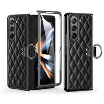 Luxury Rhombus Leather Ring Holder Case for Samsung Galaxy Z Fold 6 5 4 3 ZFold5 Case Tempered Glass Folding Shockproof Hard Cover Samsung Z Fold 6 rožinė