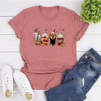 Latte Coffee Halloween Witch School Tshirt Fall Coffee Pumpkin T-Shirts Retro Halloween Graphic T Shirts Vintage Halloween Gift XL