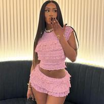 Saldūs Nelygūs Raukšlėti Elegantiški Stilingi Rinkiniai Žakardiniai Nėriniai Sluoksniuotos Sijoninės Crop Top Deriniai Moteriški Drabužiai Estetiški Mieli Vintažiniai Y2k Vasaros Aprangos S rožinė