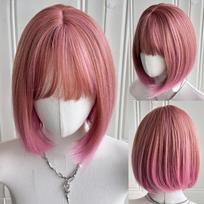 Bob 10 Inch Short Pink Stairght Bangs Wig Fiber Synthetic Wig Heat-resistant Non-Glare Natural Cosplay Daily For Women Korean Fashion 12inches rožinė