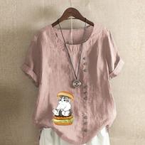 Women's Fashion Burger Cat Prined Round Neck Short Sleeve T-shirt Casual Cotton Linen Graphic Shirt Leisure Loose Summer Blouse Tops S rožinė