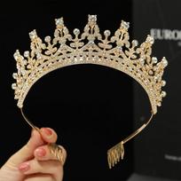 Pilna deimantų karūna, nuotakos galvos papuošalas, vestuvinis lankelis, studijos šokių vakarėlio plaukų aksesuarai, tiara, didelė karūna beige