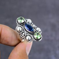 Iolite, Peridot Gemstone Handmade 925 Sterling Silver Jewelry Ring Size 7.5 c4P54 white