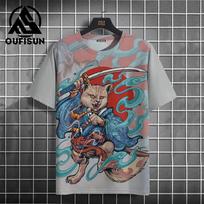 Men's Animal T-Shirt Japanese Samurai Cat Element Graphic 3D Print T-Shirt 3XL pink