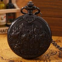 1 vnt. Steampunk stiliaus juodas kvarcinis kišeninis laikrodis, vintažinis vakarietiško kaubojaus dizaino raštas, išskirtinė gimtadienio dovanų kolekcija vyrui, berniukams black