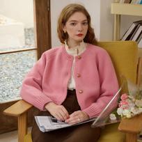 Fashion Round Neck Casual Knitted Cardigan Women Jacket Autumn and Winter Vintage Cardigans Sweater Woman Buttons Elegant Solid Knitwear Coat 24801 One Size rožinė